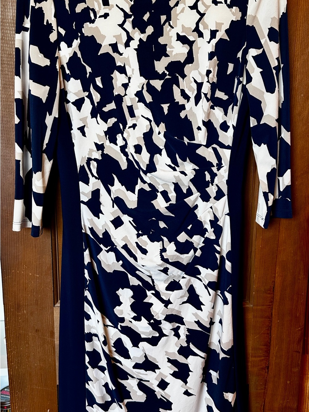 Ralph Lauren Navy and Cream Abstract Print Long-Sleeve Dress